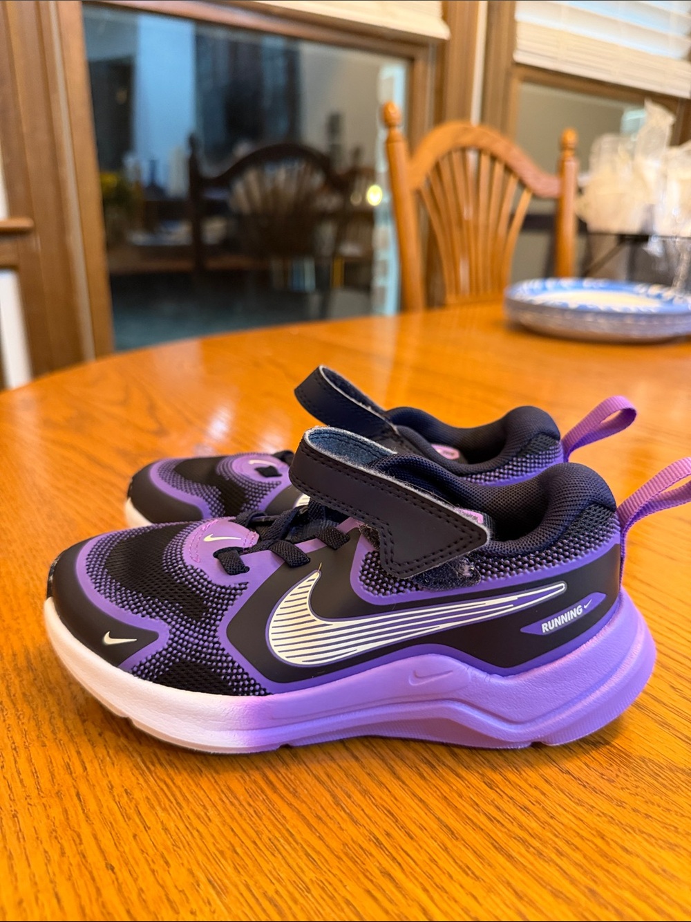 Nike Kids Purple and Black Hook-and-Loop Running Sneakers with White Swoosh